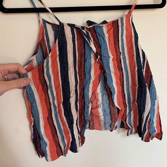 Cream, rust, and blue striped crop top with open draped back - Picture 3 of 3